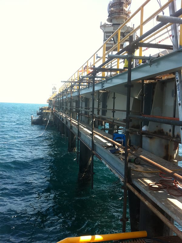 12 one lift hanger for repair works to piers corrosive components then painted. kwikstage scaffold by Rymex Scaffolding.
